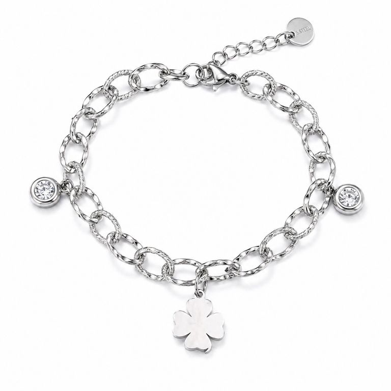 Pulsera Trébol Mujer Acero Inoxidable Plateada con Cristales Ajustable