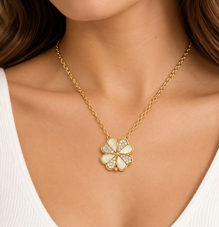 Collar Flor Mujer Dorado con Detalles Blancos y Brillantes Elegante Regalo
