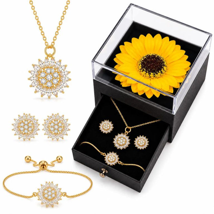 Set Collar Aretes y Pulsera Girasol Dorado Mujer Elegante Regalo