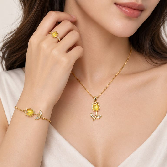 Set Collar Pulsera y Anillo Tulipán Mujer Acero Inoxidable Baño de Oro Piedras Amarillas Elegante Regalo