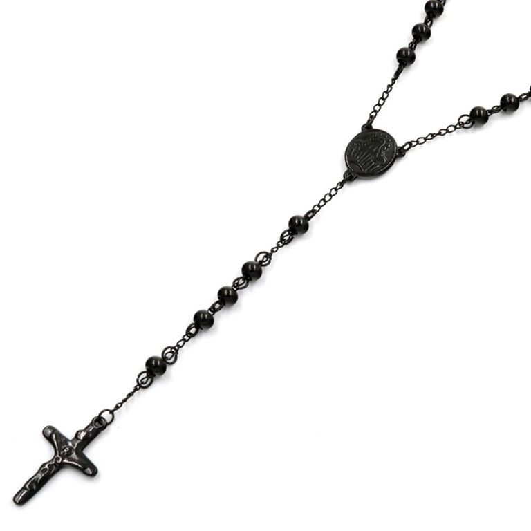 Collar Rosario Negro Cruz Hombre Acero Inoxidable Estilo Urbano Masculino