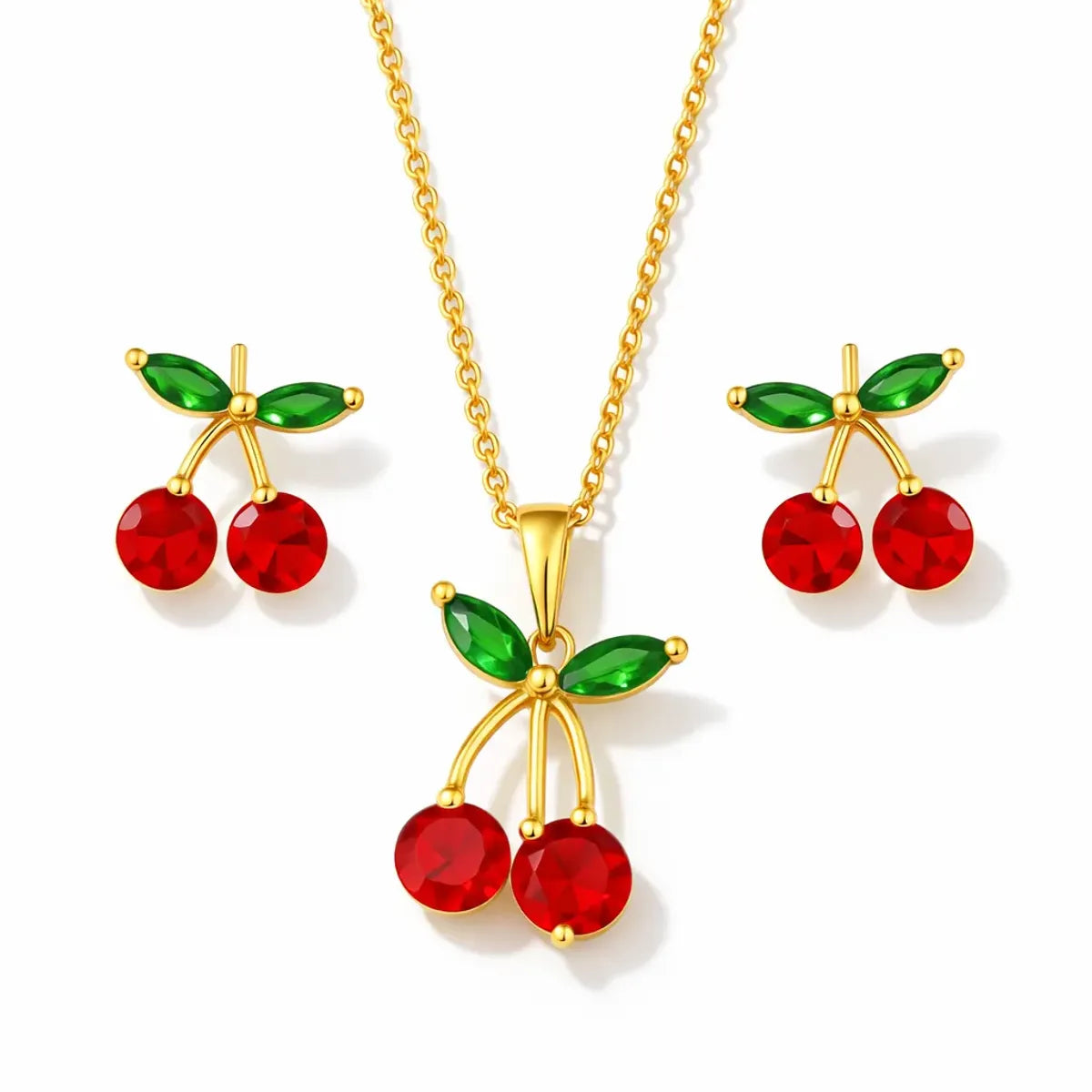 Set Collar y Aretes Mujer Cereza Oro Rosa Regalo Elegante