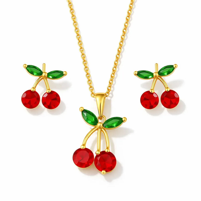 Set Collar y Aretes Mujer Cereza Oro Rosa Regalo Elegante
