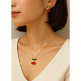 Set Collar y Aretes Mujer Cereza Oro Rosa Regalo Elegante