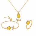 Set Collar Pulsera y Anillo Tulipán Mujer Acero Inoxidable Baño de Oro Piedras Amarillas Elegante Regalo