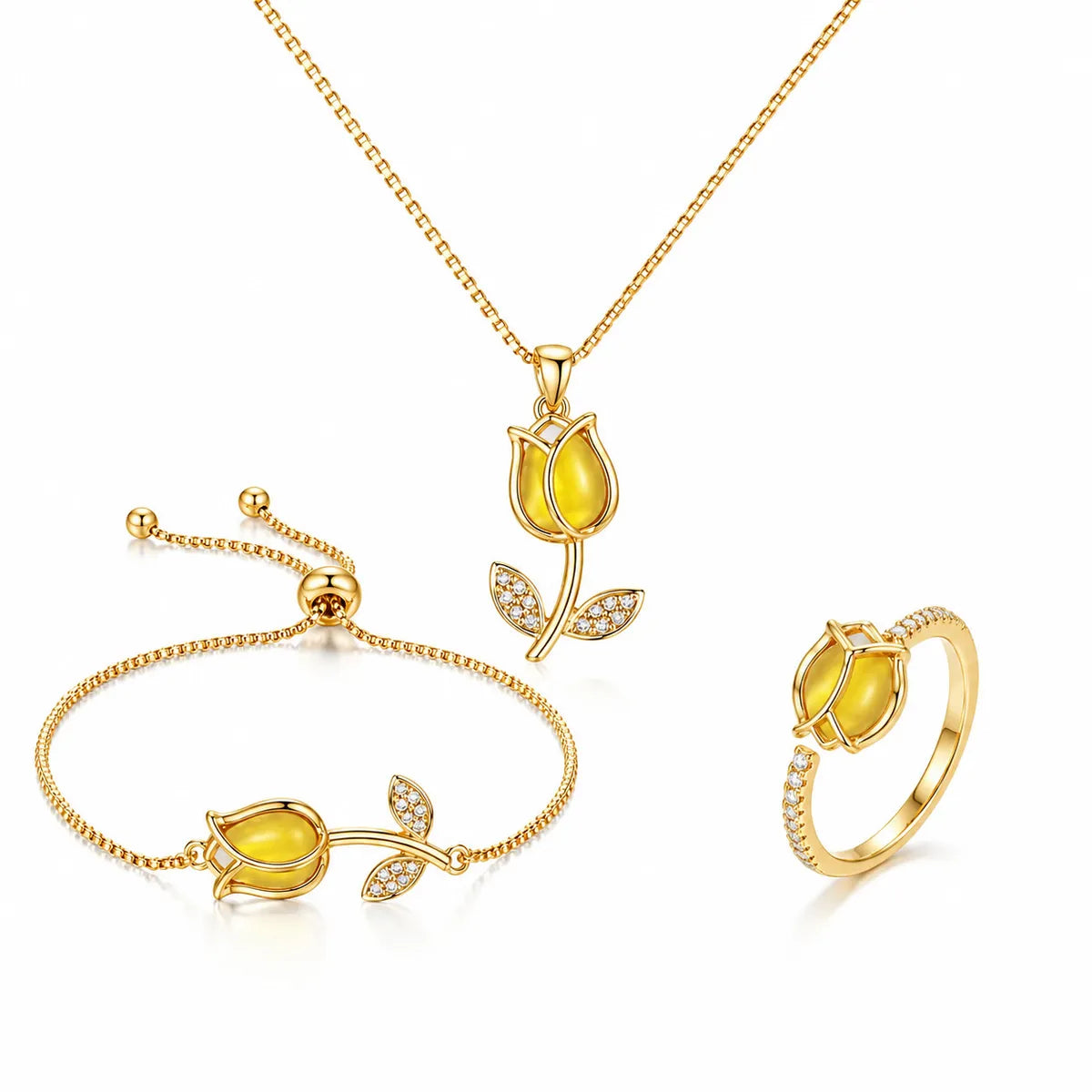 Set Collar Pulsera y Anillo Tulipán Mujer Acero Inoxidable Baño de Oro Piedras Amarillas Elegante Regalo