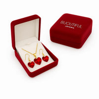 Set Juego Collar y Aretes Corazón rojo Cristal