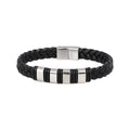 Pulsera Cuero Trenzado Negro Placas Plata Hombre