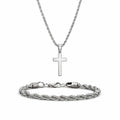 Set Collar Cruz y Pulsera Trenzada Acero Inoxidable Plateado